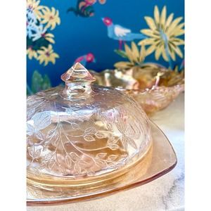 Vintage Marigold Carnival Glass Set. Berry Bowl and Butter Dish. 1970s.